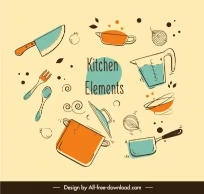 kitchenwares icons colored flat handdrawn dynamic sketch