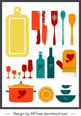 kitchenwares icons colorful flat classic sketch