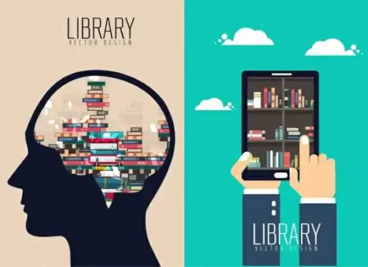 knowledge concept background bookshelf head smartphone icons