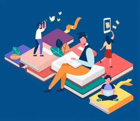 knowledge concept background people giant books icons