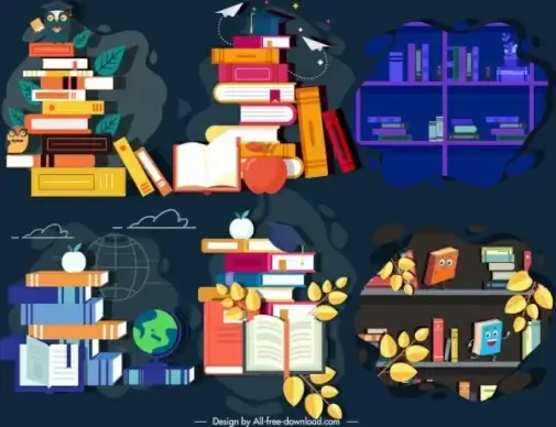 knowledge design elements books icons dark colored sketch