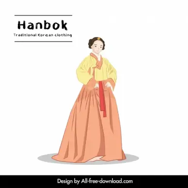 korean female hanbok traditional clothing icon cute cartoon character outline 