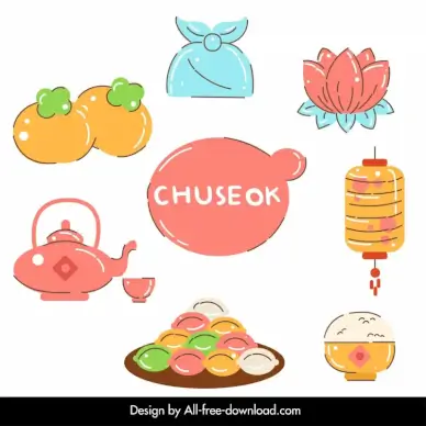 korean traditional design elements flat classic handdrawn objects