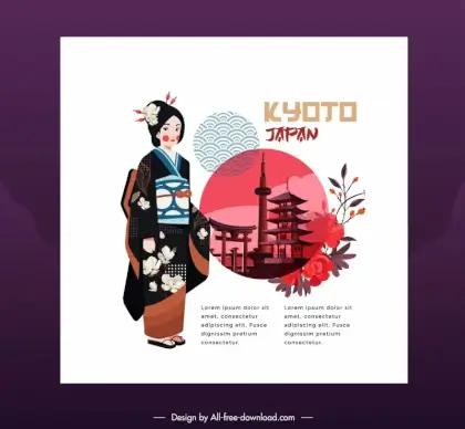 kyoto japan poster template country symbols outline cartoon sketch 