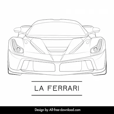 la ferrari car model icon flat black white handdrawn front view outline