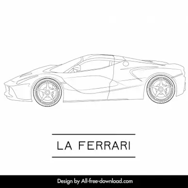 la ferrari car model icon flat black white handdrawn side view outline
