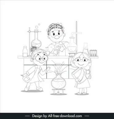 lab scientist kids design elements handdrawn cartoon outline 