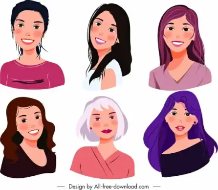 ladies avatars icons colored cartoon characters sketch