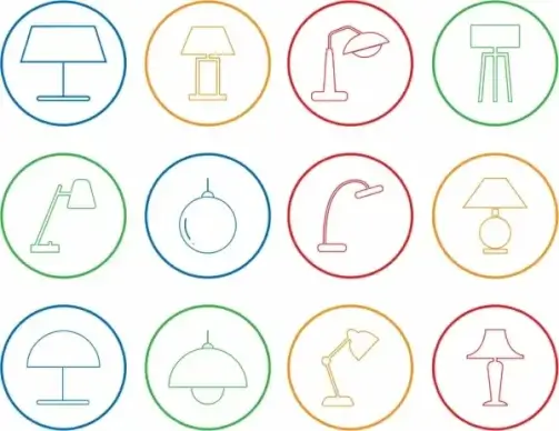 lamp icons outline colored flat design circle isolation