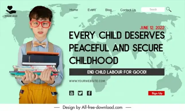 landing page end child labour for good template cute boy education tool world map silhouette sketch