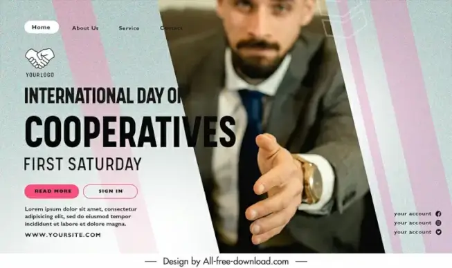 landing page international day of cooperatives template elegant business man sketch blurred realistic design 