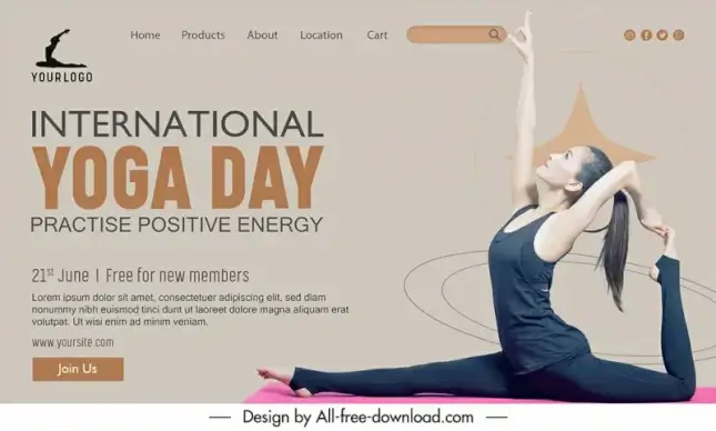 landing page international day of yoga template dynamic modern stretching lady sketch