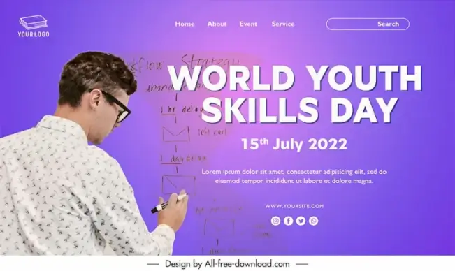 landing page international world youth skills day template man educating sketch modern dynamic realistic design 