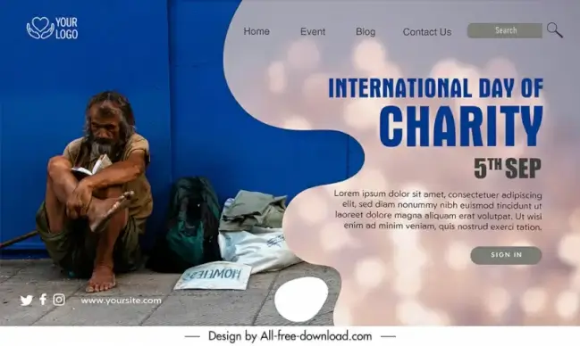 landing page world day of charity templates homeless beggar sketch modern bokeh decor