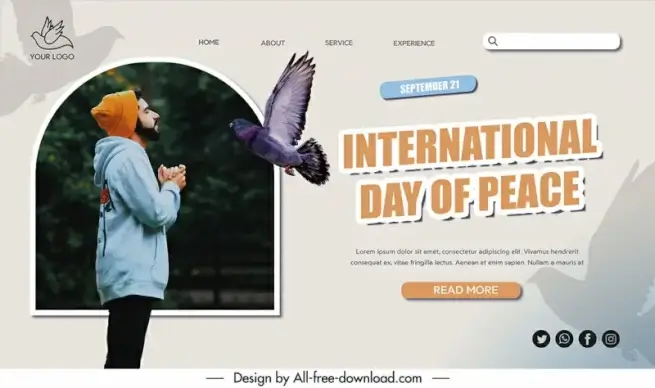landing page world day of peace template flying dove man sketch modern realistic design 