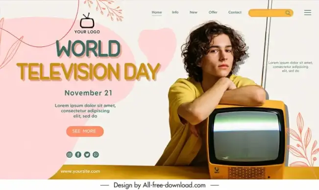 landing page world television day template young boy posing sketch modern realistic design 