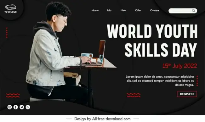 landing page world youth skills day template man working with laptop realistic design 