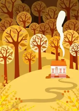 landscape background trees hills house icons classical design