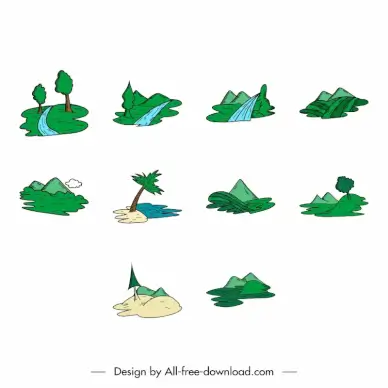 landscape icon sets classical handdrawn outline 