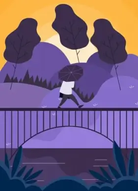 landscape painting bridge hill walking man icons