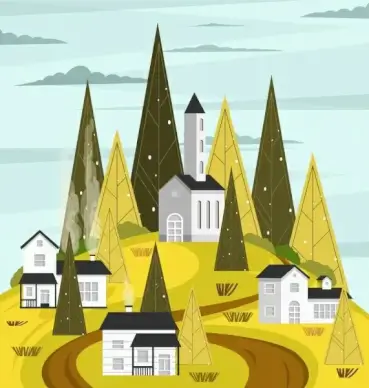 landscape painting houses hill trees icons geometric design