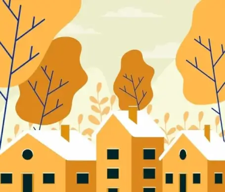 landscape painting houses trees icons white brown design
