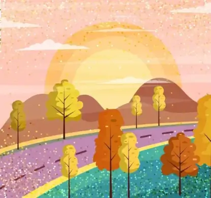 landscape painting road mountain sun icons decor