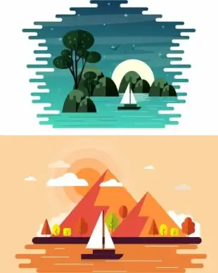 landscape painting sets ship sea trees icons