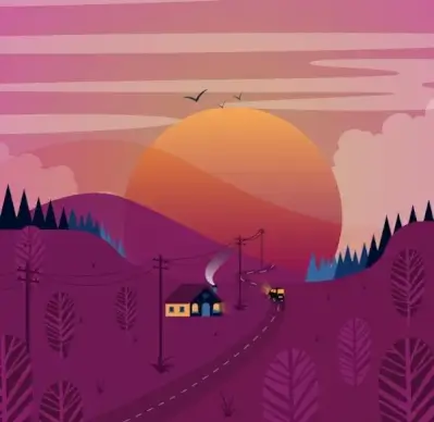 landscape painting violet hill sun road house icons