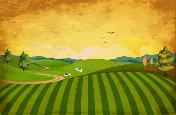 landscape with yellow sky and green field