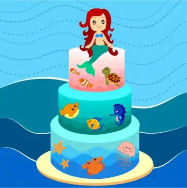 layers cake design marine style cartoon mermaid icon