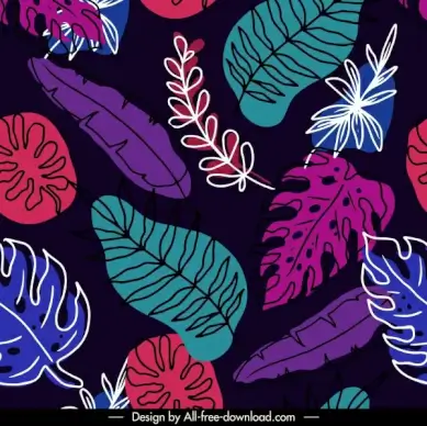 leaves pattern template handdrawn sketch colorful dark design