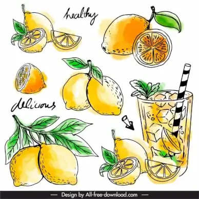 lemon juice design elements retro handdrawn sketch