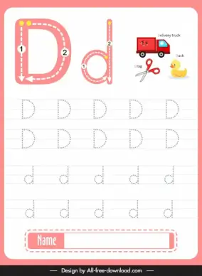 letter d lowercase practice worksheet template flat texts symbols sketch