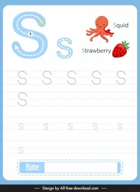 letter s lowercase practice worksheet template flat text squid strawberry sketch