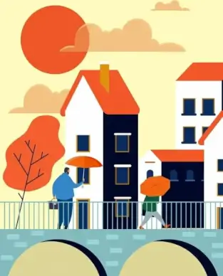 life painting people umbrella town icons classical design