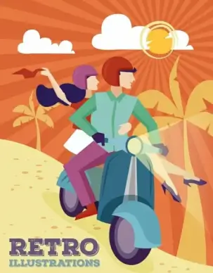 lifestyle background couple motorbike icons retro design