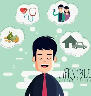 lifestyle banner man dream speech baubles colored cartoon