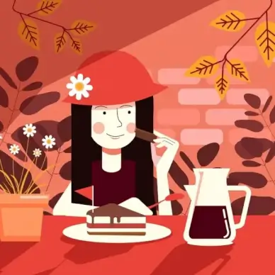 lifestyle drawing woman eating cake icon cartoon design