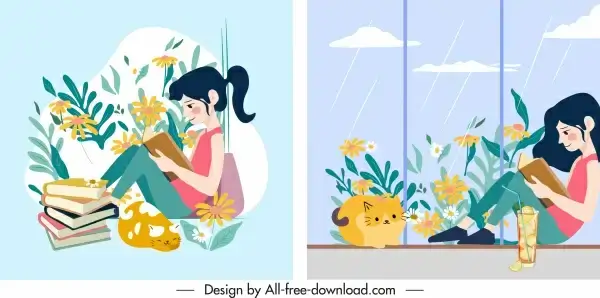 lifestyle icon woman reading book sketch cartoon design