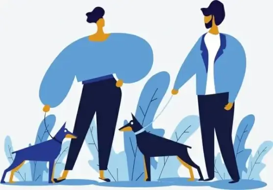 lifestyle painting walking people pets icons blue decor