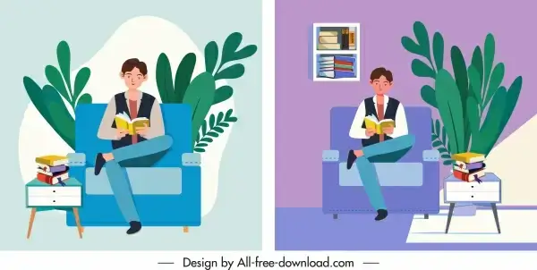 lifestyle paintings man reading book cartoon character sketch