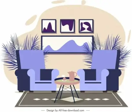 living room template armchairs table flower pots decor