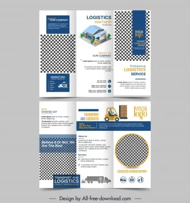 logistic brochure template checkered geometry vehicles warehouse 