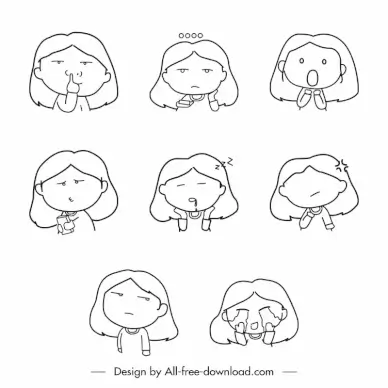lonely girl icon sets funny handdrawn cartoon sketch