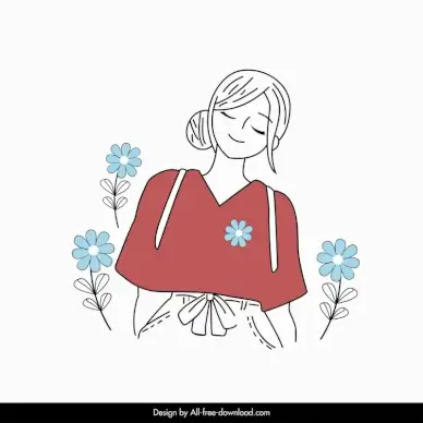  lovely girl icon flat handdrawn cartoon design flowers decor 