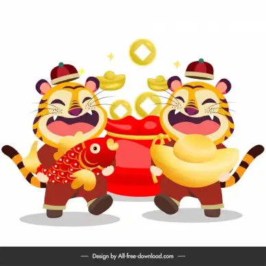 lunar new year banner funny stylized tigers characters sketch