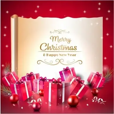 Luxury Christmas greeting card with red gift boxes and old paper