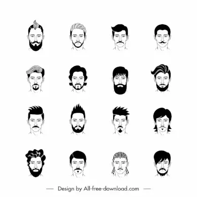 man hairstyle icon sets flat black white handdrawn faces sketch