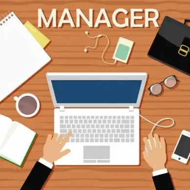 manager job background laptop hands personal utensils icons